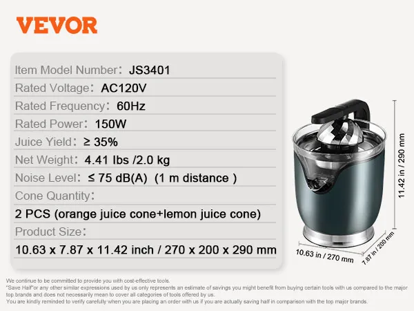 VEVOR electric citrus juicer specifications: ac120v, 150w, 2 juice cones, 10.63x7.87x11.42 inches.