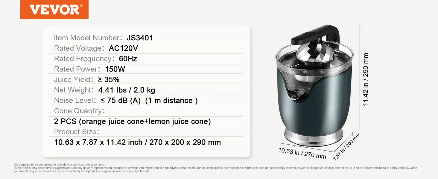 VEVOR electric citrus juicer specifications: ac120v, 150w, 2 juice cones, 10.63x7.87x11.42 inches.