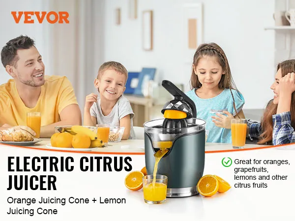 VEVOR electric citrus juicer on a breakfast table with fresh orange juice and citrus fruits.