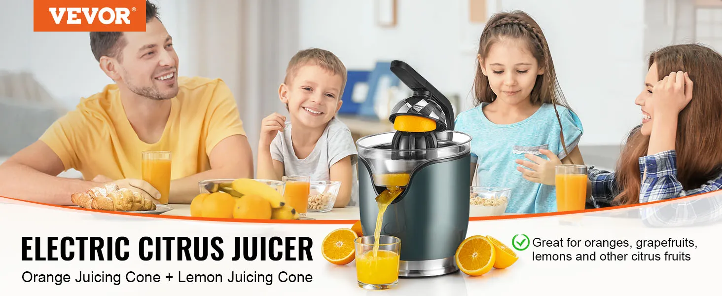 VEVOR electric citrus juicer on a breakfast table with fresh orange juice and citrus fruits.