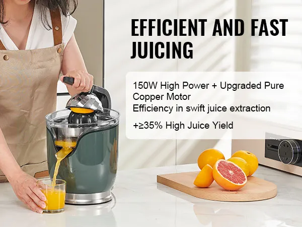 person using VEVOR electric citrus juicer for efficient, high-yield orange juice extraction on kitchen counter.