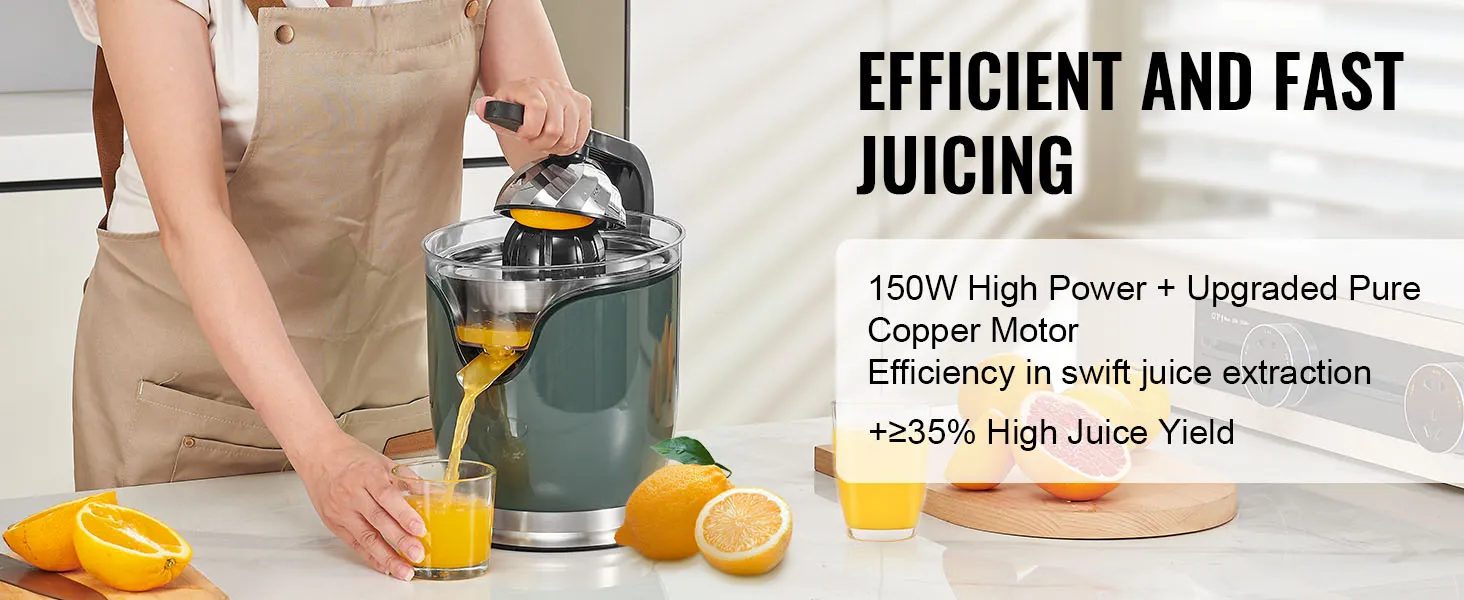person using VEVOR electric citrus juicer for efficient, high-yield orange juice extraction on kitchen counter.