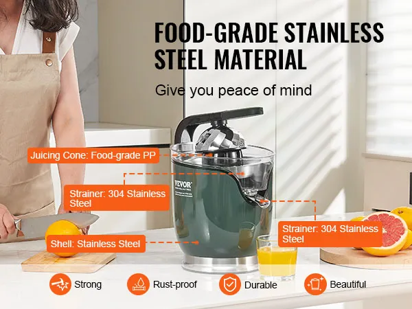 VEVOR electric citrus juicer in a kitchen, with stainless steel components and oranges being sliced.