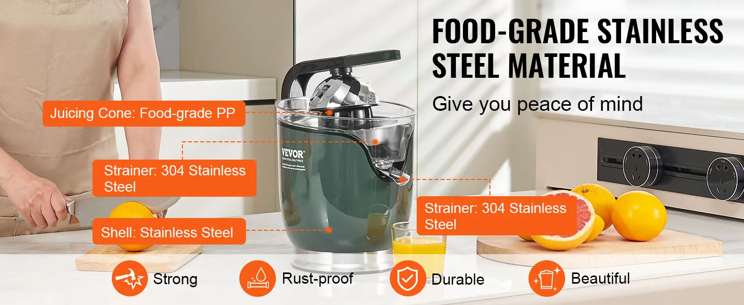 VEVOR electric citrus juicer in a kitchen, with stainless steel components and oranges being sliced.