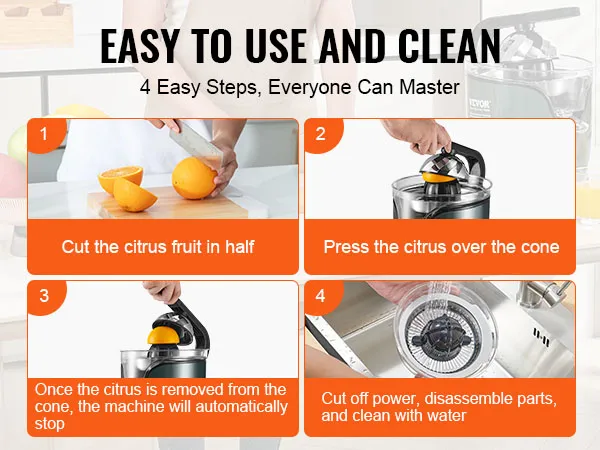 4-step guide for using and cleaning a VEVOR electric citrus juicer: cut fruit, press, remove, clean.