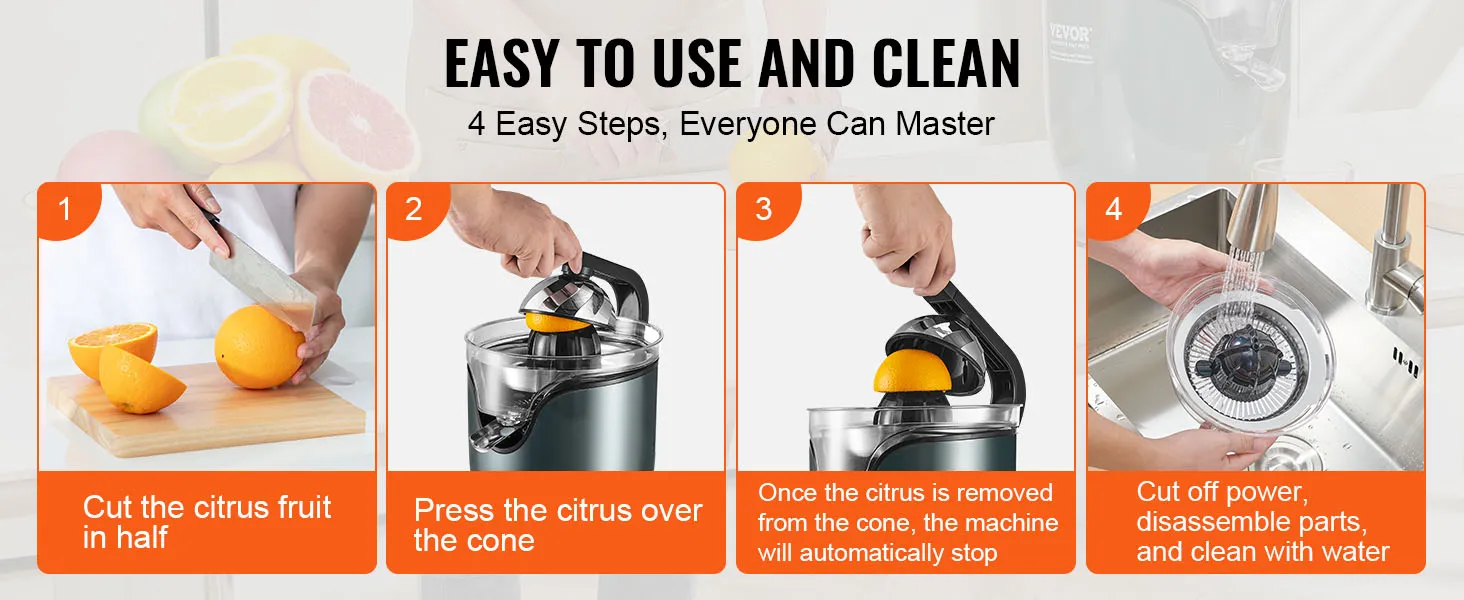 4-step guide for using and cleaning a VEVOR electric citrus juicer: cut fruit, press, remove, clean.
