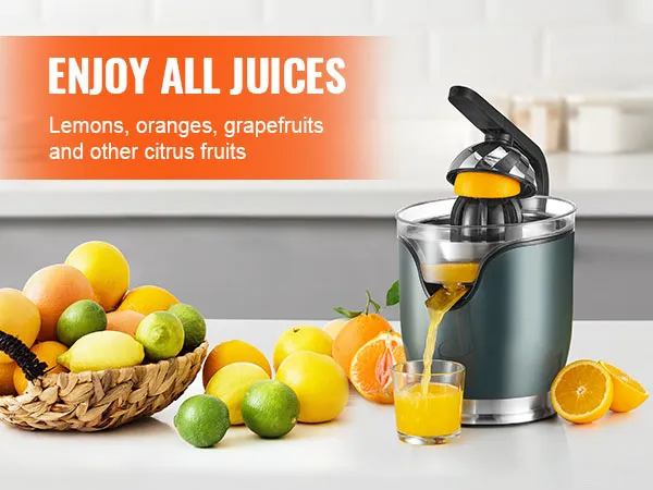 VEVOR electric citrus juicer extracting juice from oranges, surrounded by fresh citrus fruits.