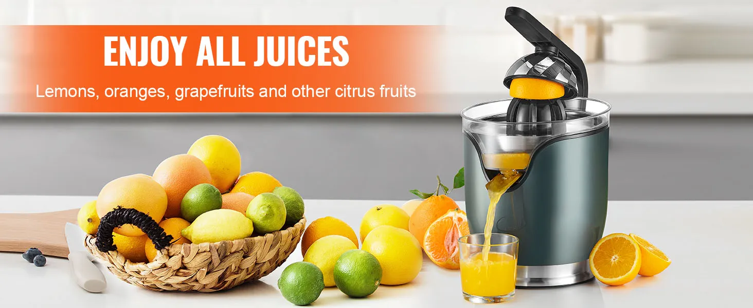 VEVOR electric citrus juicer extracting juice from oranges, surrounded by fresh citrus fruits.