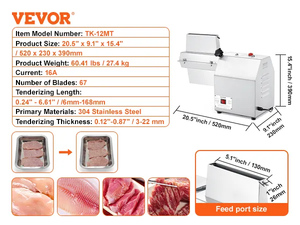 Máquina ablandadora de carne VEVOR, 67 cuchillas, acero inoxidable 304, dimensiones y especificaciones enumeradas.