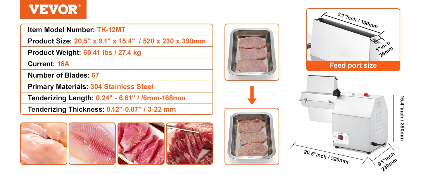 Máquina ablandadora de carne VEVOR, 67 cuchillas, acero inoxidable 304, dimensiones y especificaciones enumeradas.