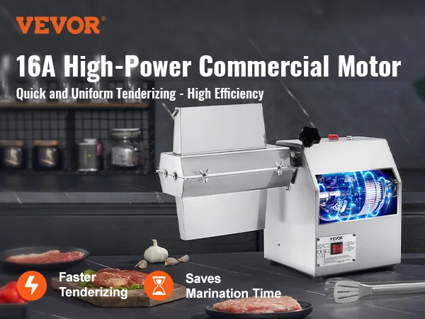 Máquina ablandadora de carne VEVOR con motor de alta potencia de 16 A sobre una encimera de cocina con filetes y verduras.