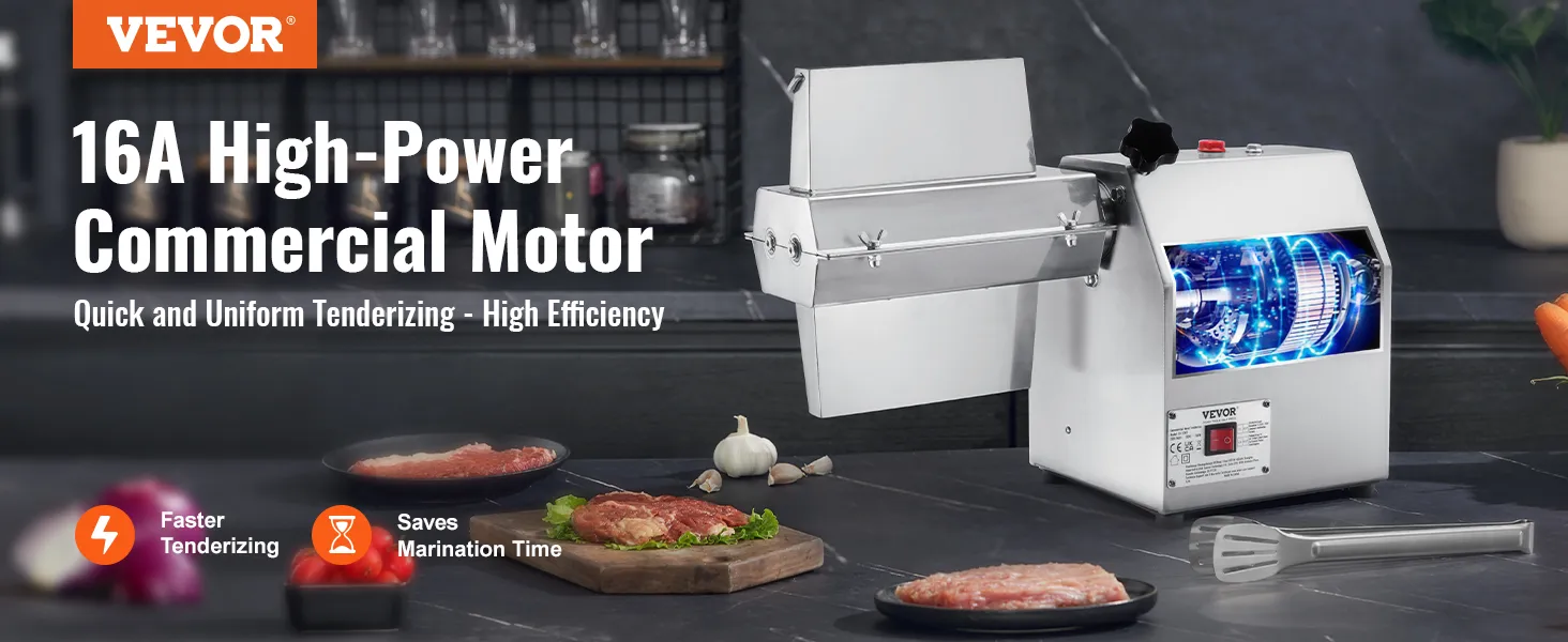 Máquina ablandadora de carne VEVOR con motor de alta potencia de 16 A sobre una encimera de cocina con filetes y verduras.