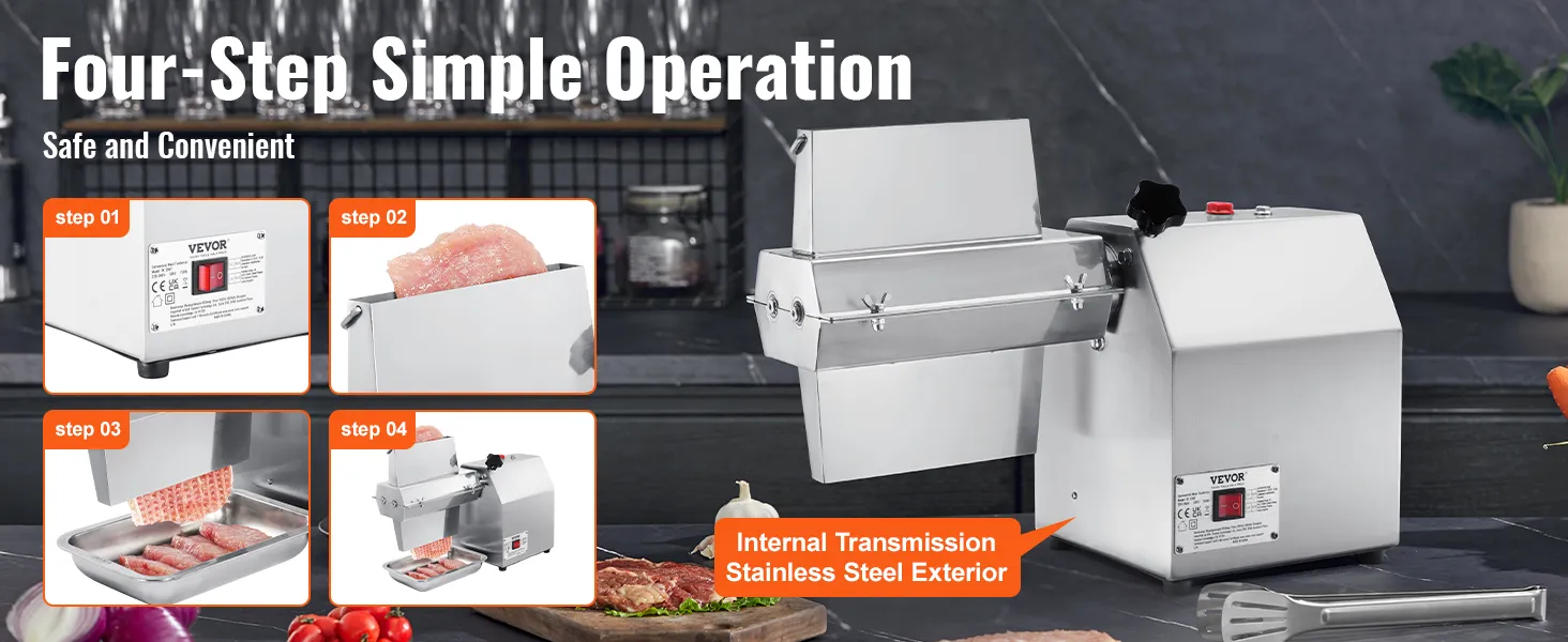 Máquina ablandadora de carne VEVOR que muestra un funcionamiento de cuatro pasos con exterior de acero inoxidable.