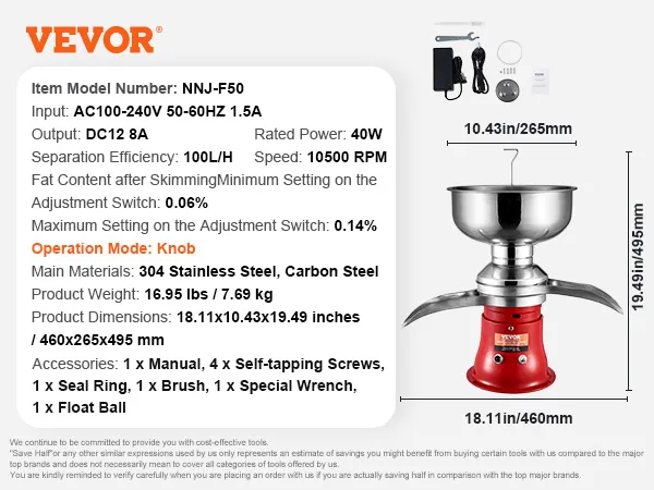 VEVOR milk cream separator nnj-f50 with 100l/h efficiency, 10500 rpm speed, and stainless steel build.
