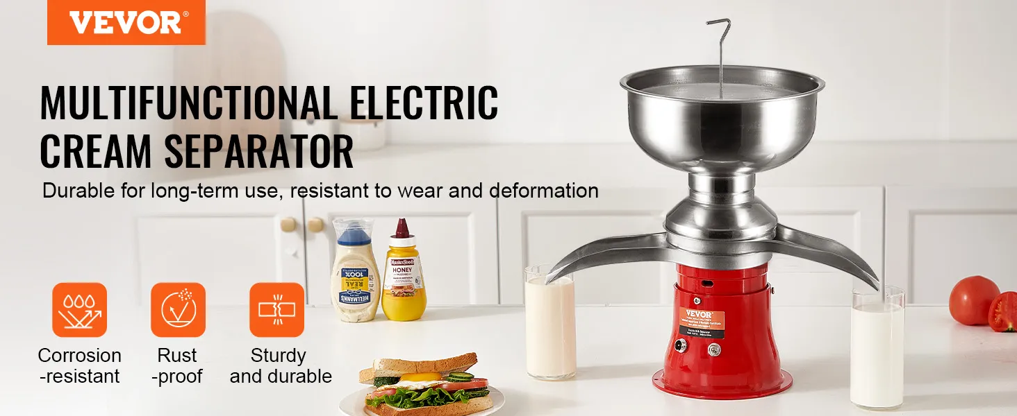 VEVOR milk cream separator in a modern kitchen setting with sandwiches, condiments, and a glass of milk.