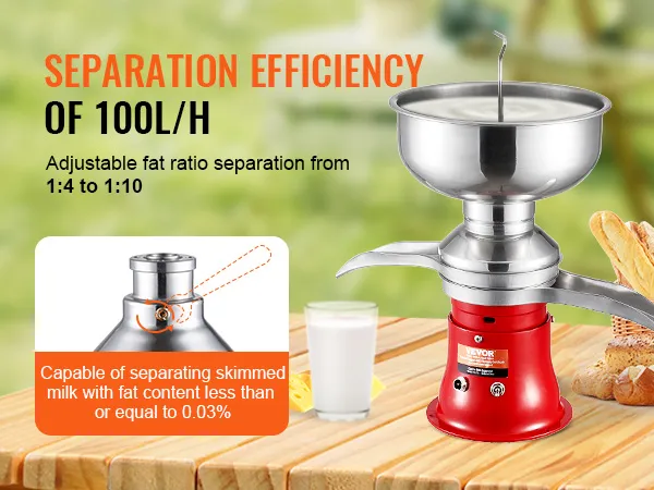 VEVOR milk cream separator with 100l/h efficiency, adjustable fat ratio, and skimmed milk separation.