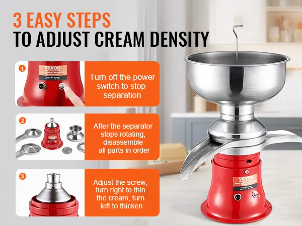 VEVOR milk cream separator on a kitchen counter with steps to adjust cream density.