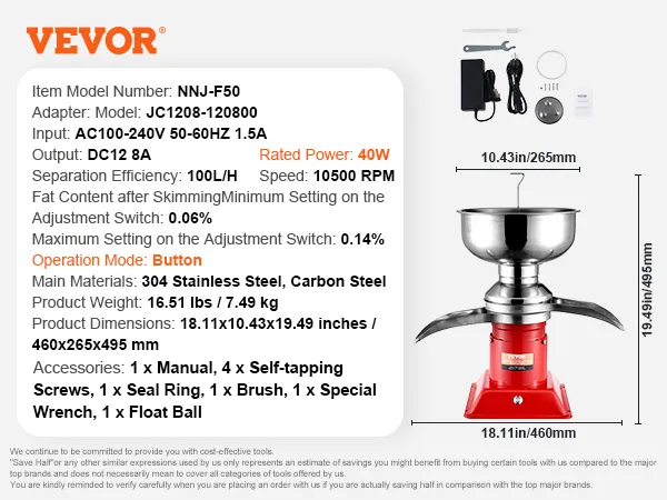 Separador de crema de leche VEVOR nnj-f50, 40w, 10500 rpm, acero inoxidable 304, eficiencia de 100l/h, 16,51 lbs.