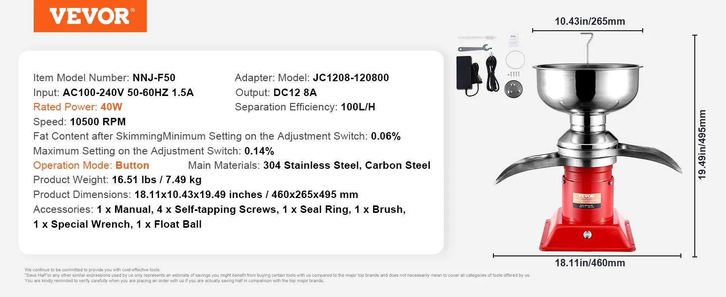 Separador de crema de leche VEVOR nnj-f50, 40w, 10500 rpm, acero inoxidable 304, eficiencia de 100l/h, 16,51 lbs.