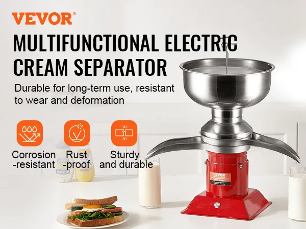 Separador de crema de leche VEVOR en la encimera de la cocina con dos vasos de leche y un sándwich.