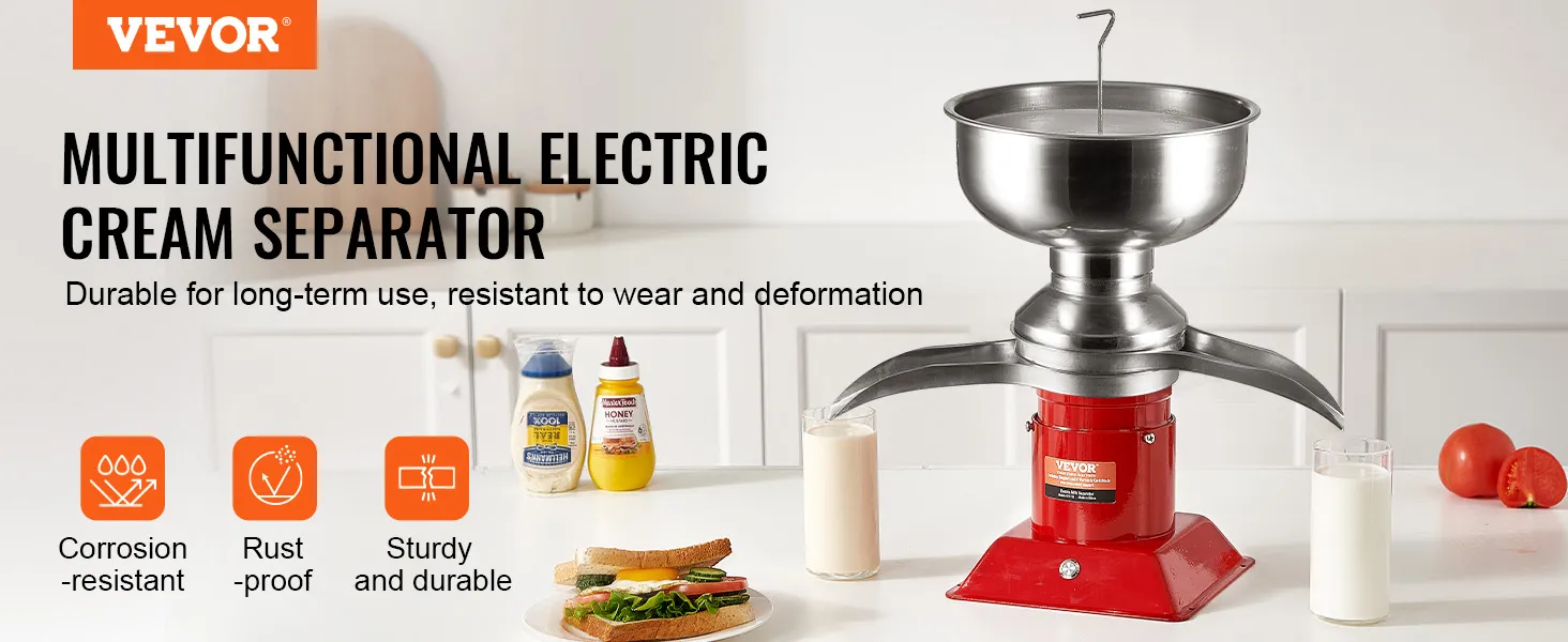 Separador de crema de leche VEVOR en la encimera de la cocina con dos vasos de leche y un sándwich.