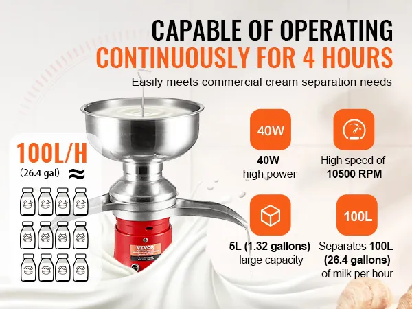 Separador de crema de leche VEVOR, potencia 40w, 10500 rpm, capacidad 100l/h, funcionamiento continuo 4 horas.