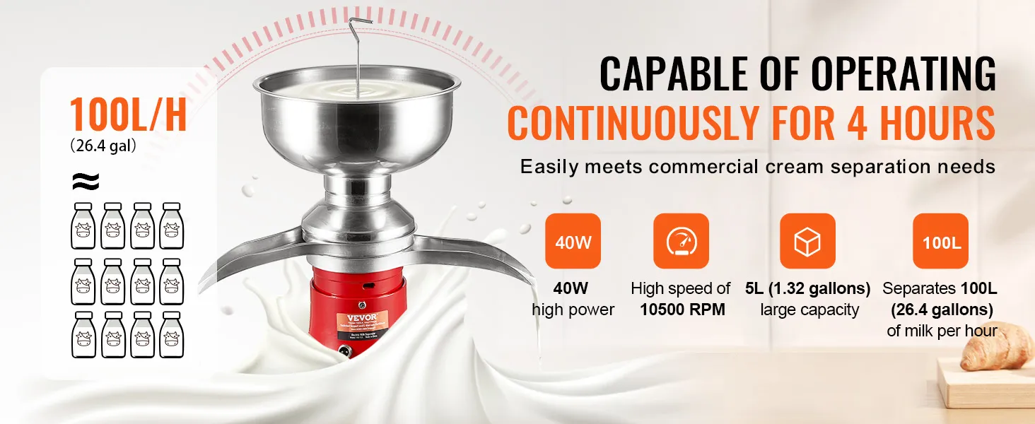 Separador de crema de leche VEVOR, potencia 40w, 10500 rpm, capacidad 100l/h, funcionamiento continuo 4 horas.
