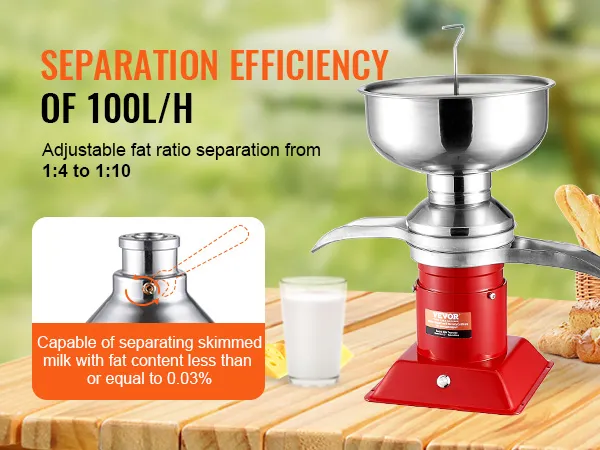 Separador de crema de leche VEVOR con eficiencia de 100l/h, separación de grasa ajustable de 1:4 a 1:10.