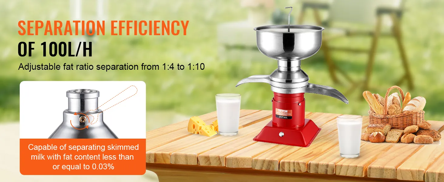 Separador de crema de leche VEVOR con eficiencia de 100l/h, separación de grasa ajustable de 1:4 a 1:10.
