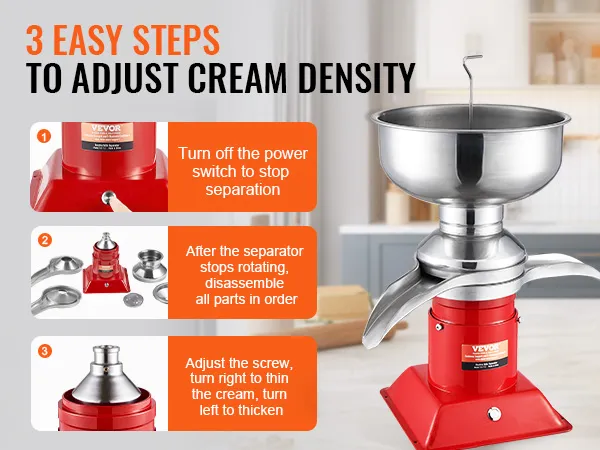 Separador de crema de leche VEVOR con pasos para ajustar la densidad de la crema. base roja, recipiente plateado, fondo de cocina.