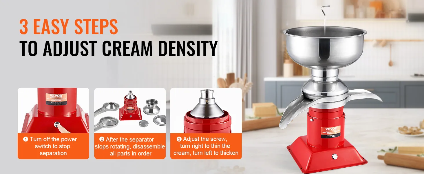 Separador de crema de leche VEVOR con pasos para ajustar la densidad de la crema. base roja, recipiente plateado, fondo de cocina.
