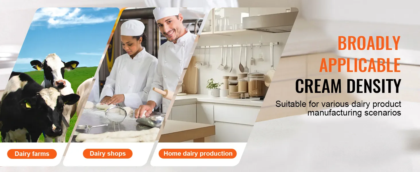 Separador de crema de leche VEVOR ideal para granjas lecheras, tiendas de productos lácteos y producción lechera doméstica. Adecuado para diversos escenarios de fabricación de productos lácteos.