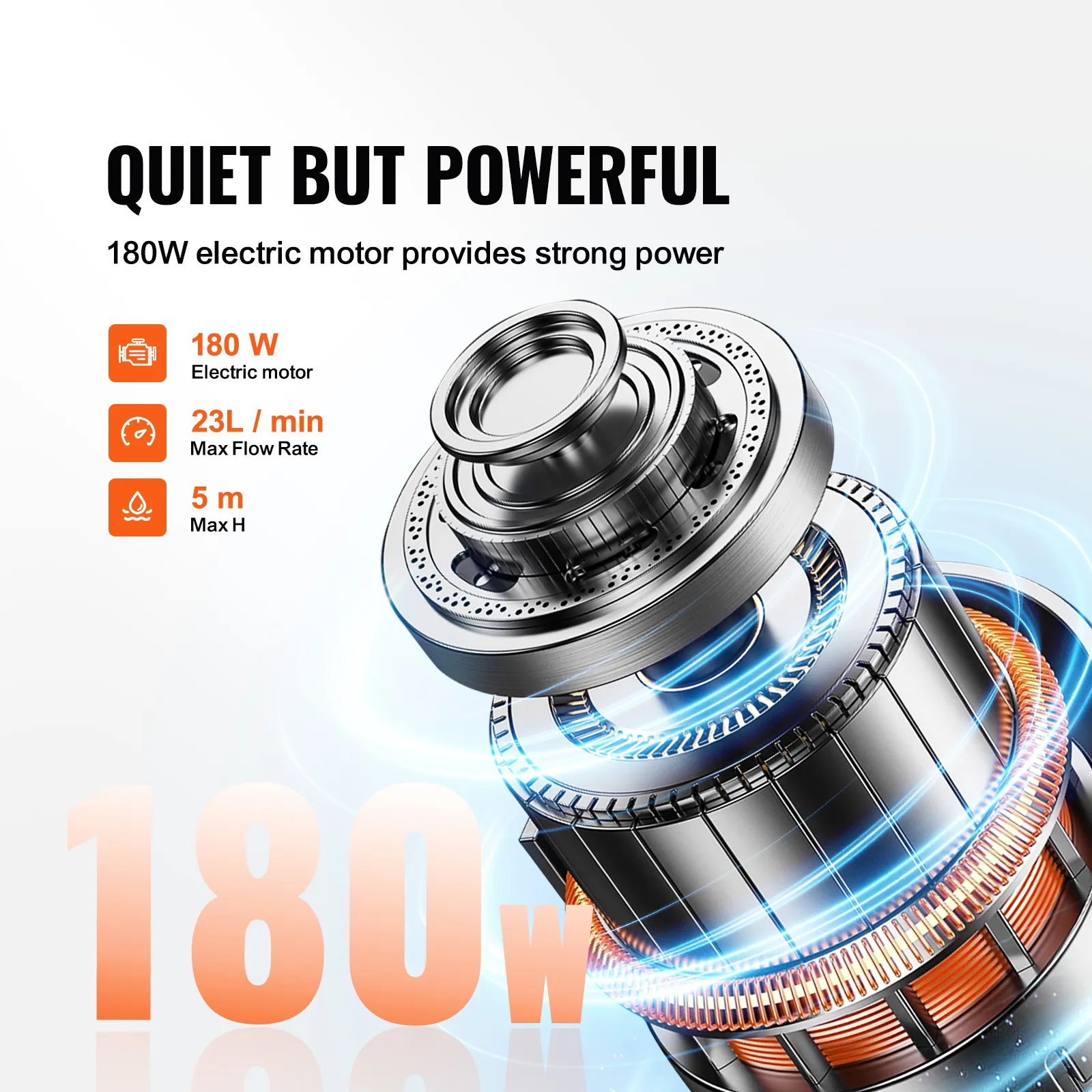 Potente motor de 180 W con caudal máximo de 23 l/min y altura máxima de 5 m para bandeja de drenaje de aceite VEVOR.