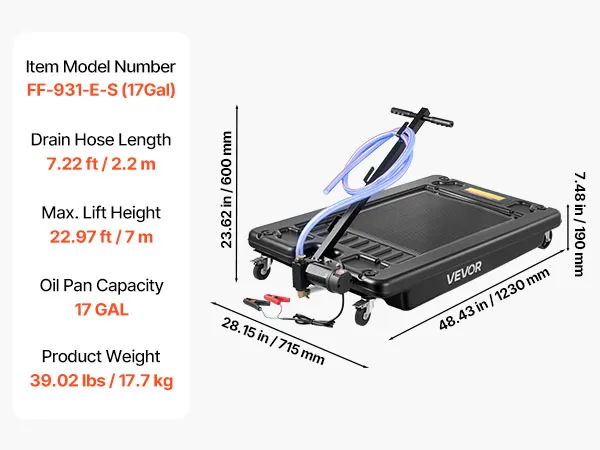 Bandeja recogedora de aceite VEVOR con asa y manguera de vaciado, completa con accesorios de instalación y medidas.