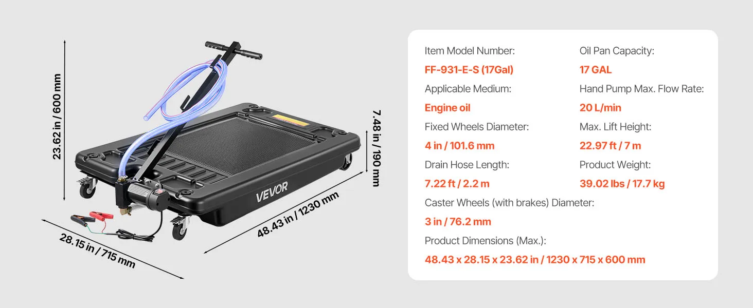 Bandeja recogedora de aceite VEVOR con asa y manguera de vaciado, completa con accesorios de instalación y medidas.