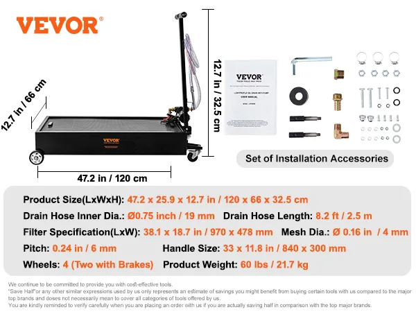 VEVOR low profile oil drain pan with set of installation accessories, dimensions, and specifications.
