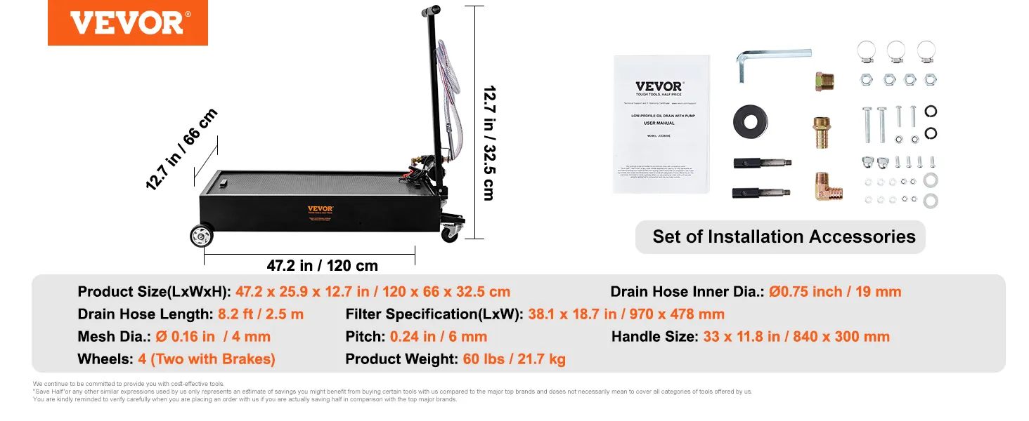 VEVOR low profile oil drain pan with set of installation accessories, dimensions, and specifications.