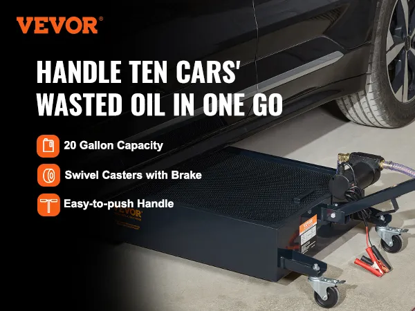 VEVOR low profile oil drain pan under black car, 20-gallon capacity, swivel casters, easy-to-push handle.