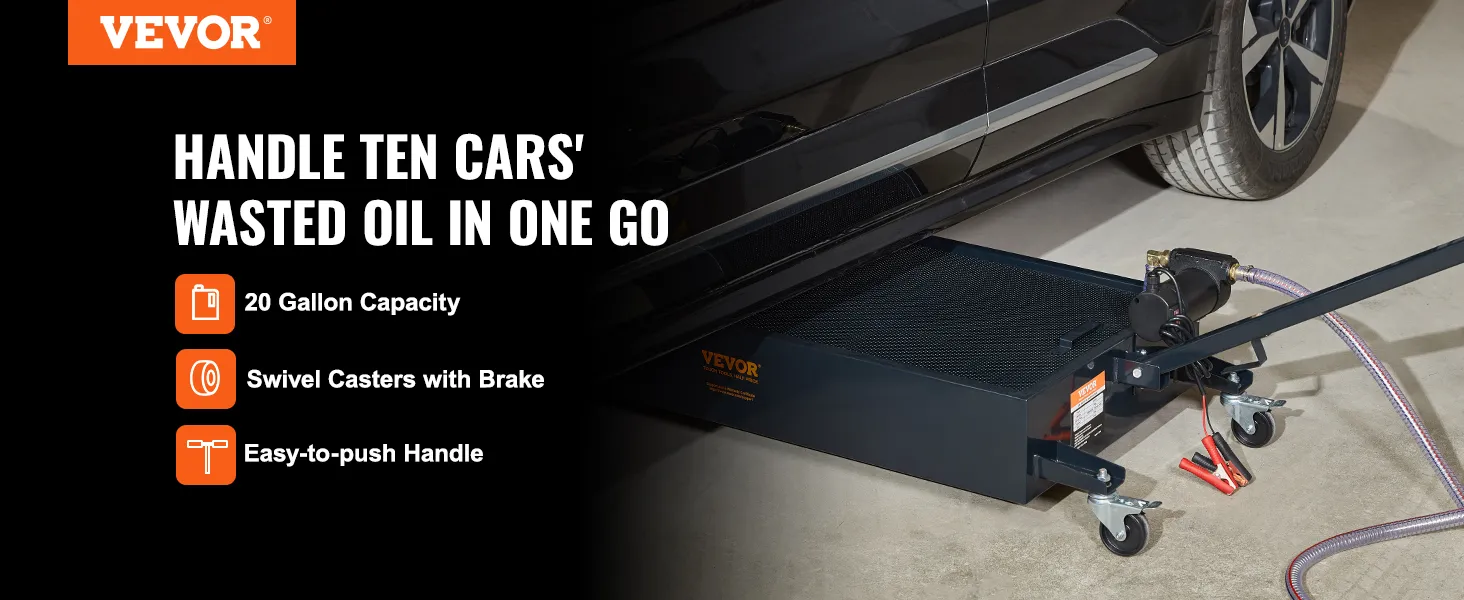 VEVOR low profile oil drain pan under black car, 20-gallon capacity, swivel casters, easy-to-push handle.