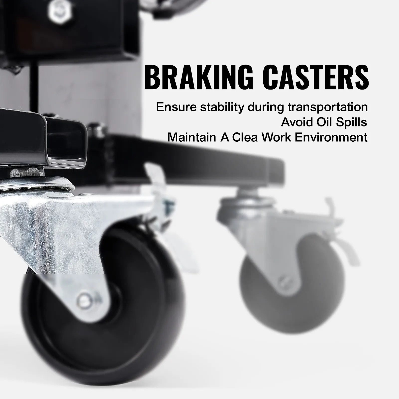 braking casters on a VEVOR low profile oil drain pan provide stability, prevent oil spills, and ensure a clean work environment.