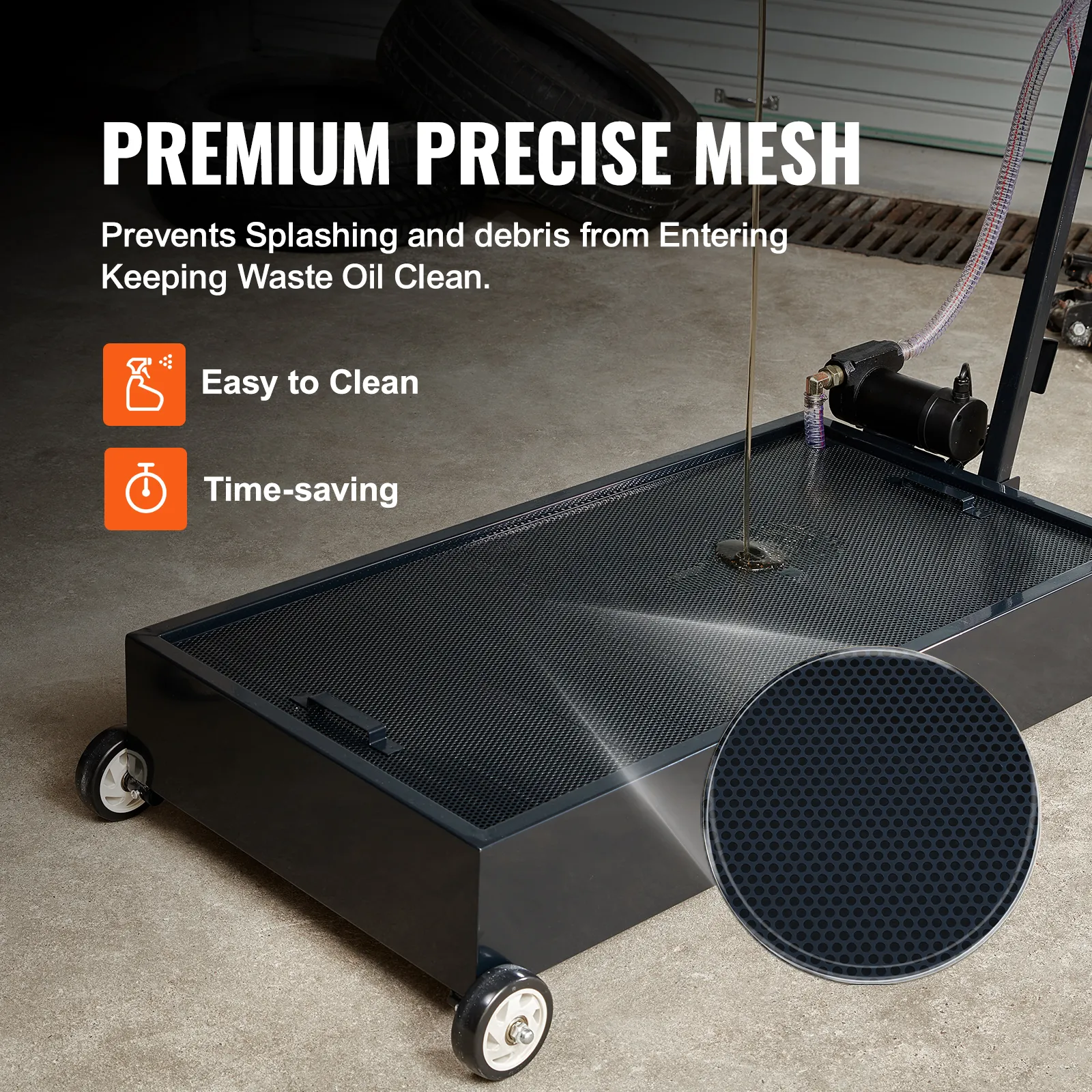 VEVOR low profile oil drain pan with premium precise mesh, easy to clean, and time-saving features.