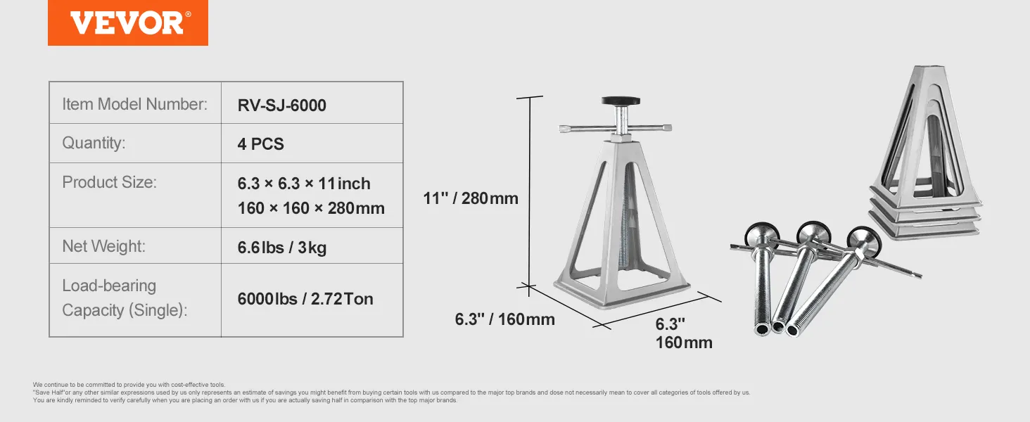 VEVOR rv stabilizer jacks rv-sj-6000, set of 4, 6000lbs capacity, dimensions 6.3x6.3x11 inches.