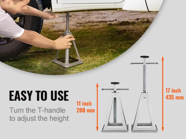 using VEVOR rv stabilizer jacks to support a vehicle, demonstrating easy height adjustment with a t-handle.