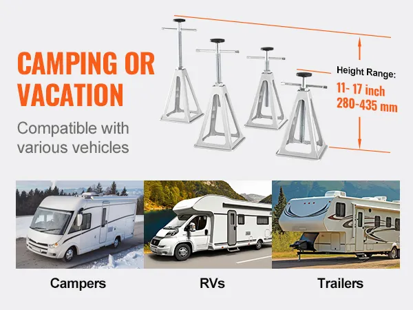 camping vacation VEVOR rv stabilizer jacks for campers, rvs, trailers with 11-17 inch height range.