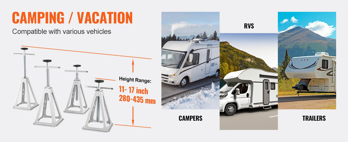camping vacation VEVOR rv stabilizer jacks for campers, rvs, trailers with 11-17 inch height range.