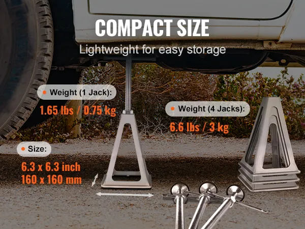 VEVOR rv stabilizer jacks under vehicle showcasing size, weight, and compact design for easy storage.