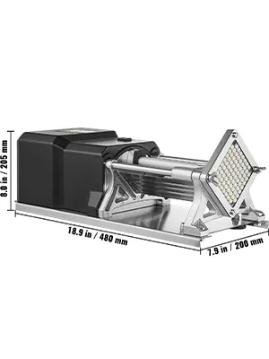 VEVOR electric french fry cutter with precise dimensions: 8.6 x 18.9 x 7.9 inches.