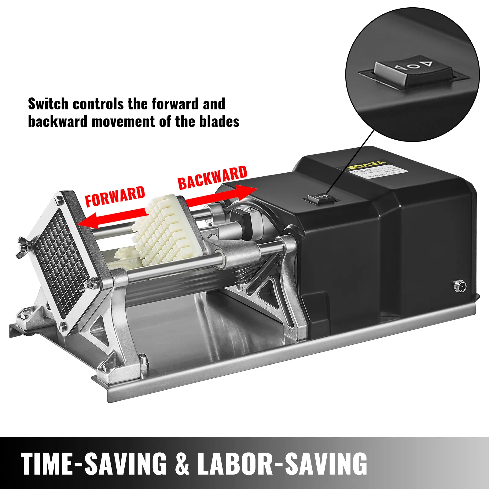 VEVOR electric french fry cutter showcasing forward and backward blade control.