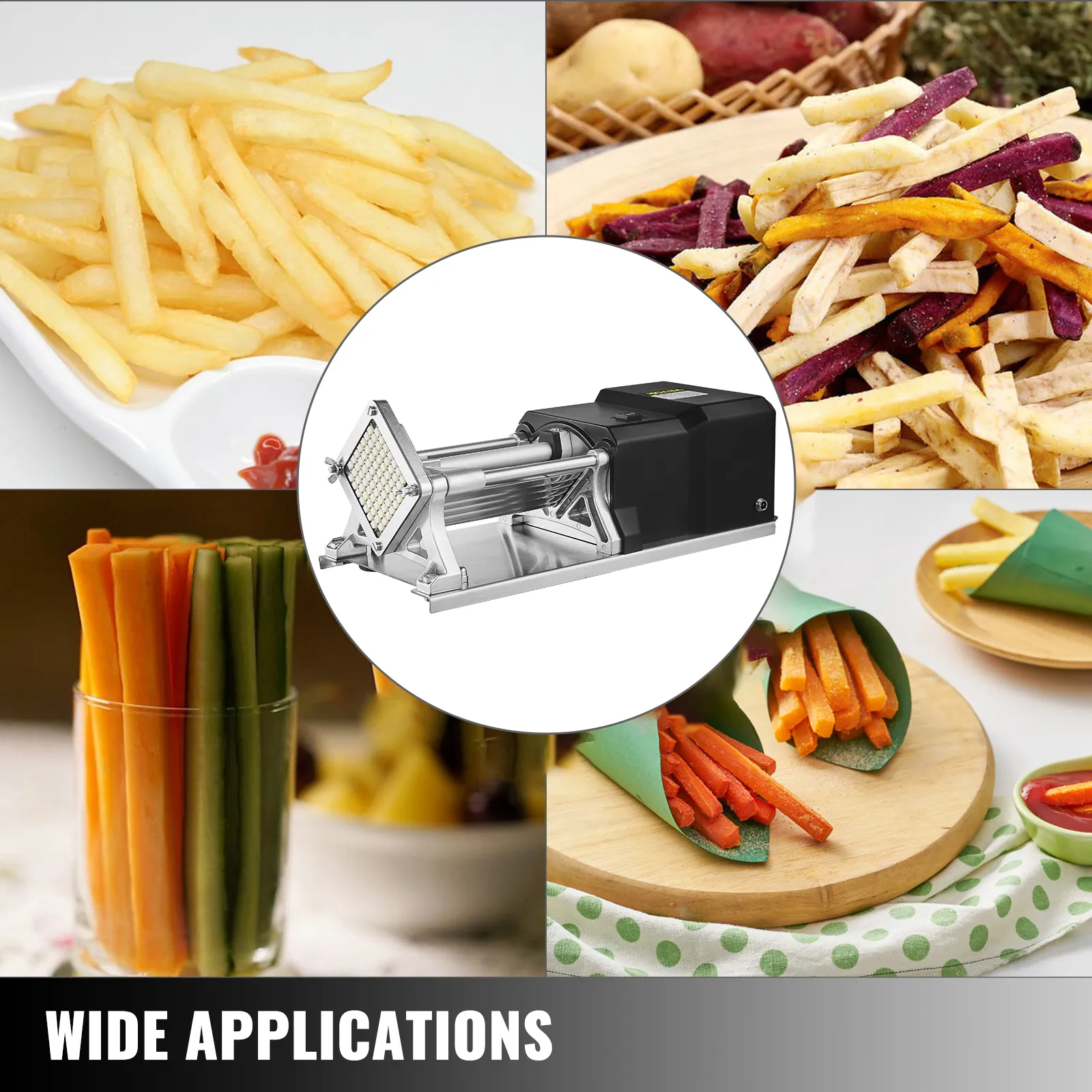 VEVOR electric french fry cutter presenting versatile fry options from potatoes to veggies.