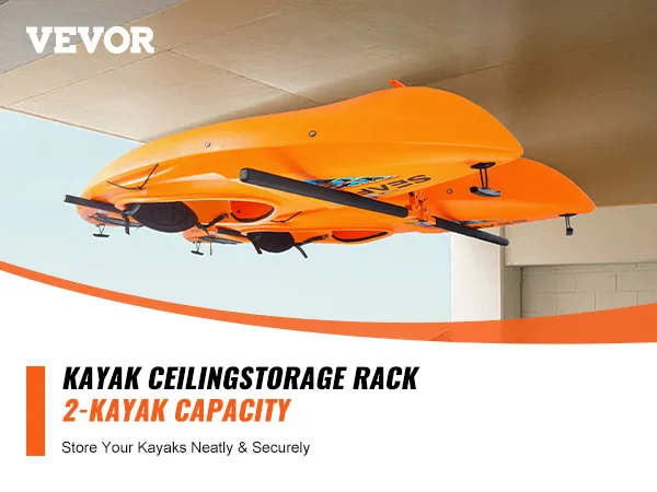 Supporto da soffitto per kayak VEVOR che tiene saldamente due kayak arancioni in un garage.